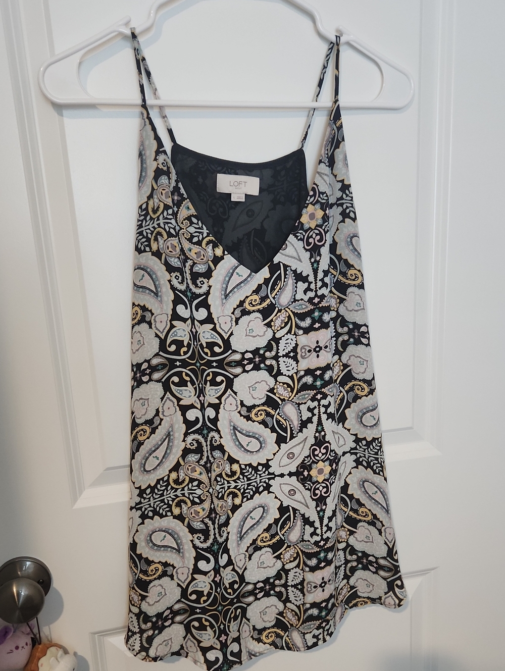 LOFT Black Paisley V-Neck Blouse with Soft Pink and Yellow Accents